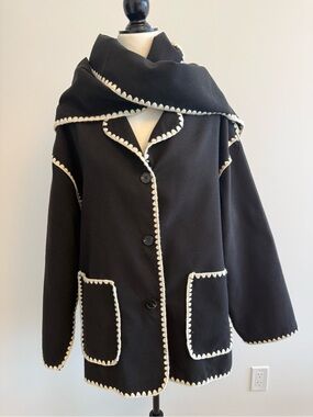 Black Felt-Like Pea Coat with White Scalloped Trim & Scarf